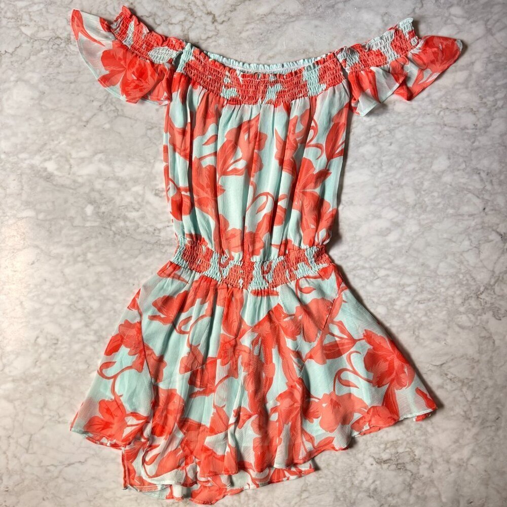 Tropical Floral Off Shoulder Dress Coral & Aqua Smocked Waist Ruffle Boho Small - Picture 2 of 6